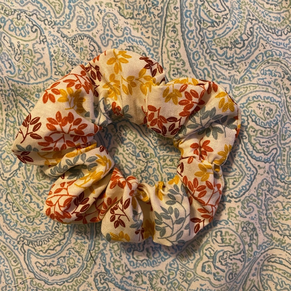 Handmade multi color fall leaves scrunchie